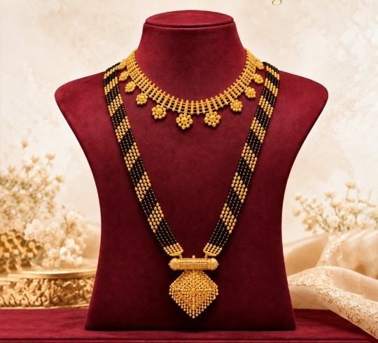 Gold necklace and traditional black-bead mangalsutra on a bust